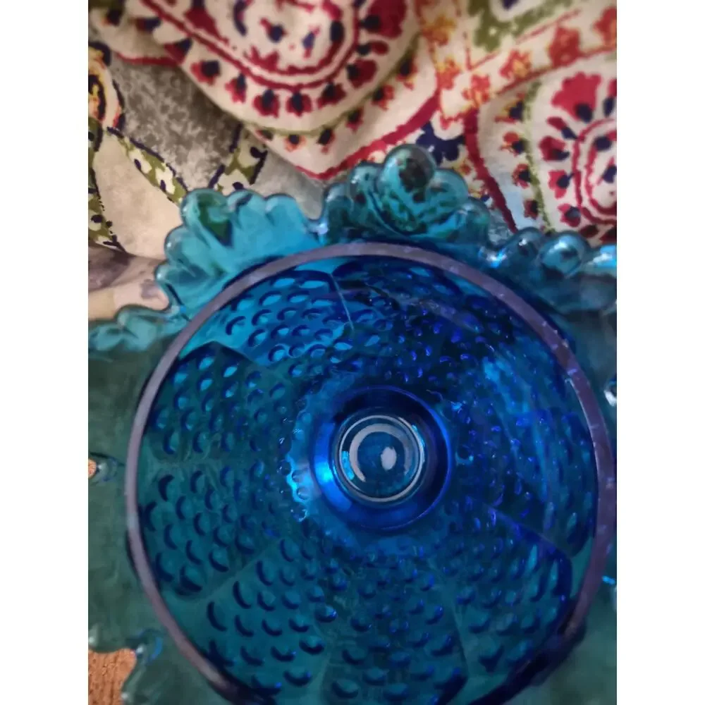 Vintage Fenton Colonial Blue Glass Hobnail Pedestal Covered Candy Dish